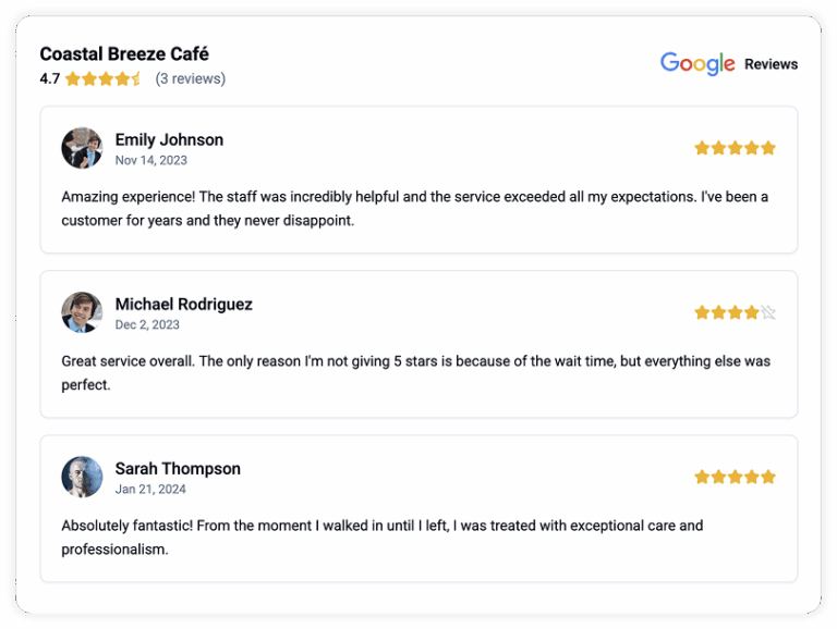 Free Google reviews widget displaying customer ratings and testimonials on a website