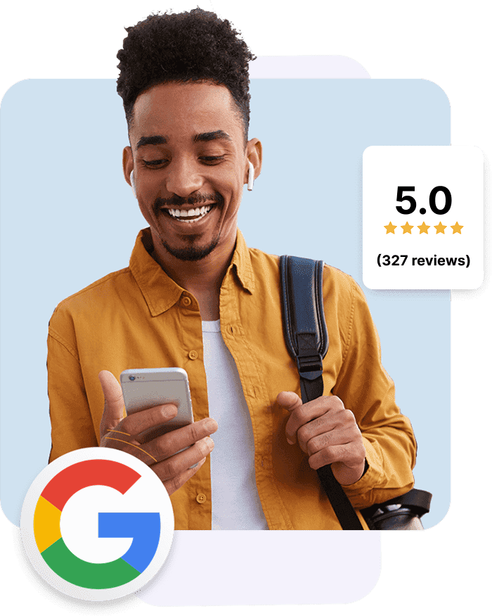 Happy customer leaving a 5-star Google review after a positive business experience