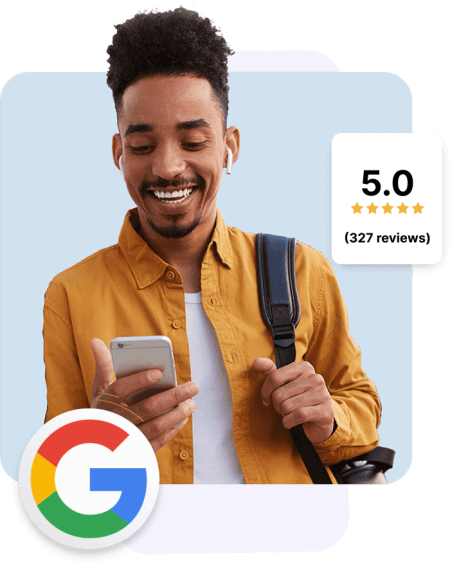 Happy customer leaving a 5-star Google review after a positive business experience